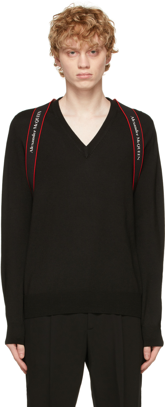 Alexander McQueen Black Logo Strap V-Neck Sweater