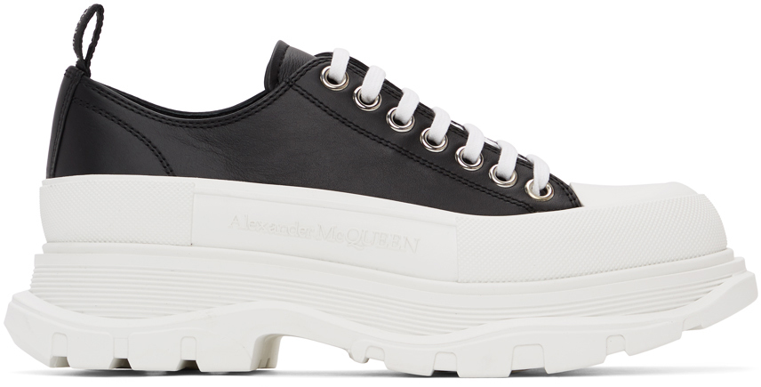 Black & White Leather Tread Slick Sneakers