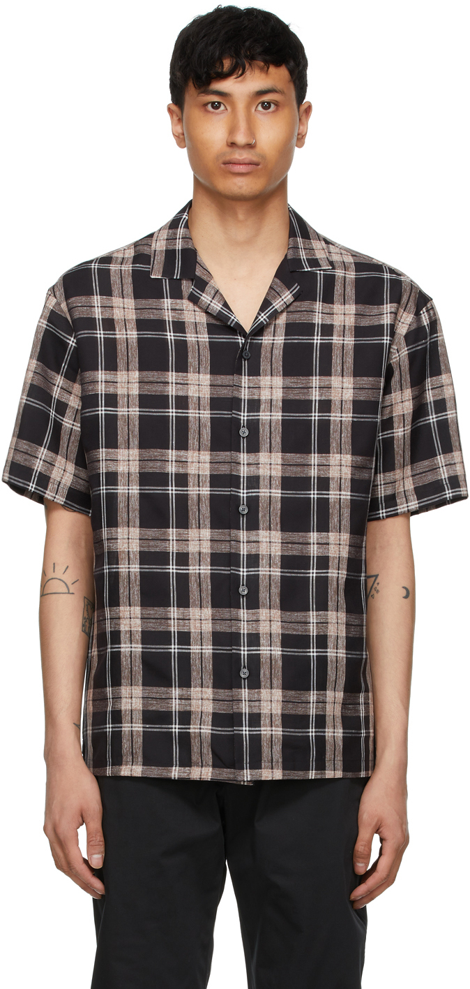Z Zegna: Black & Brown Checkered Linen Short Sleeve Shirt | SSENSE