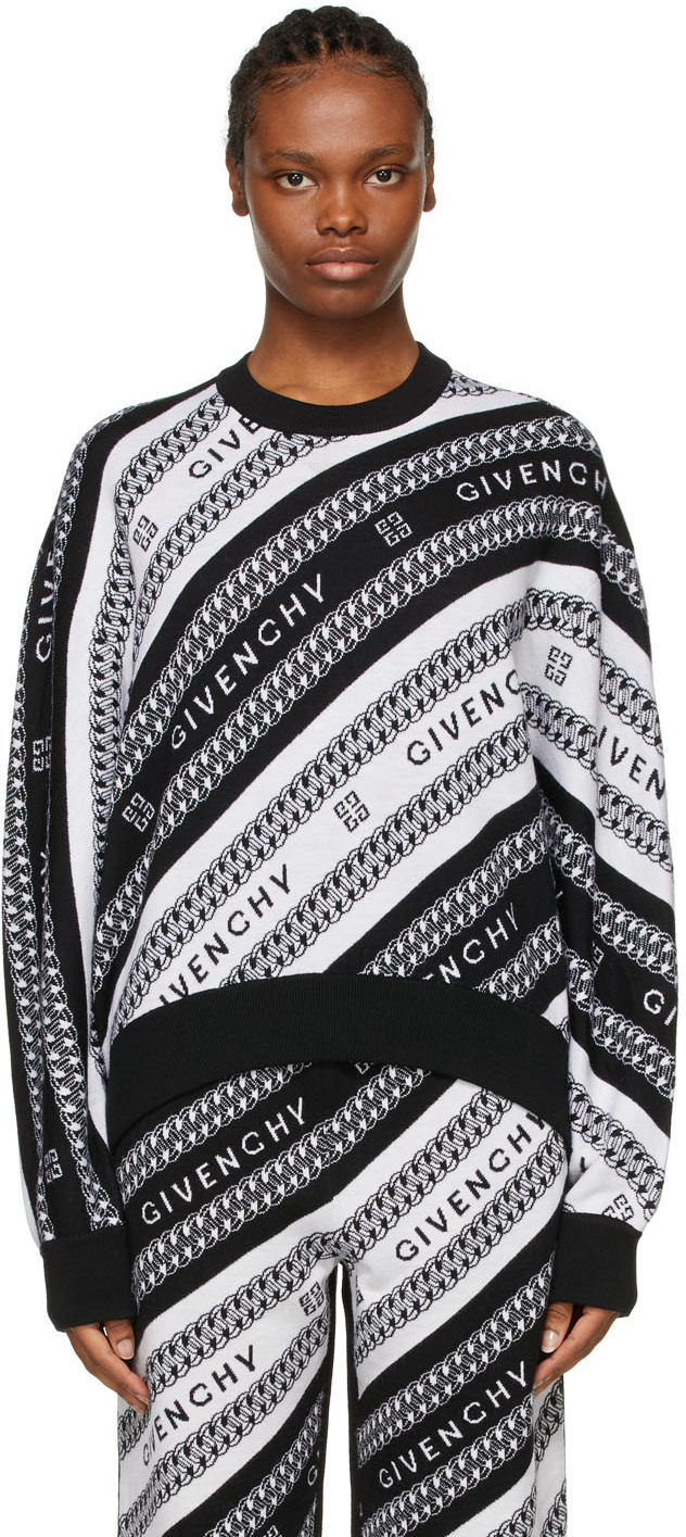 Givenchy: White & Black Wool Jacquard Chain Sweater | SSENSE