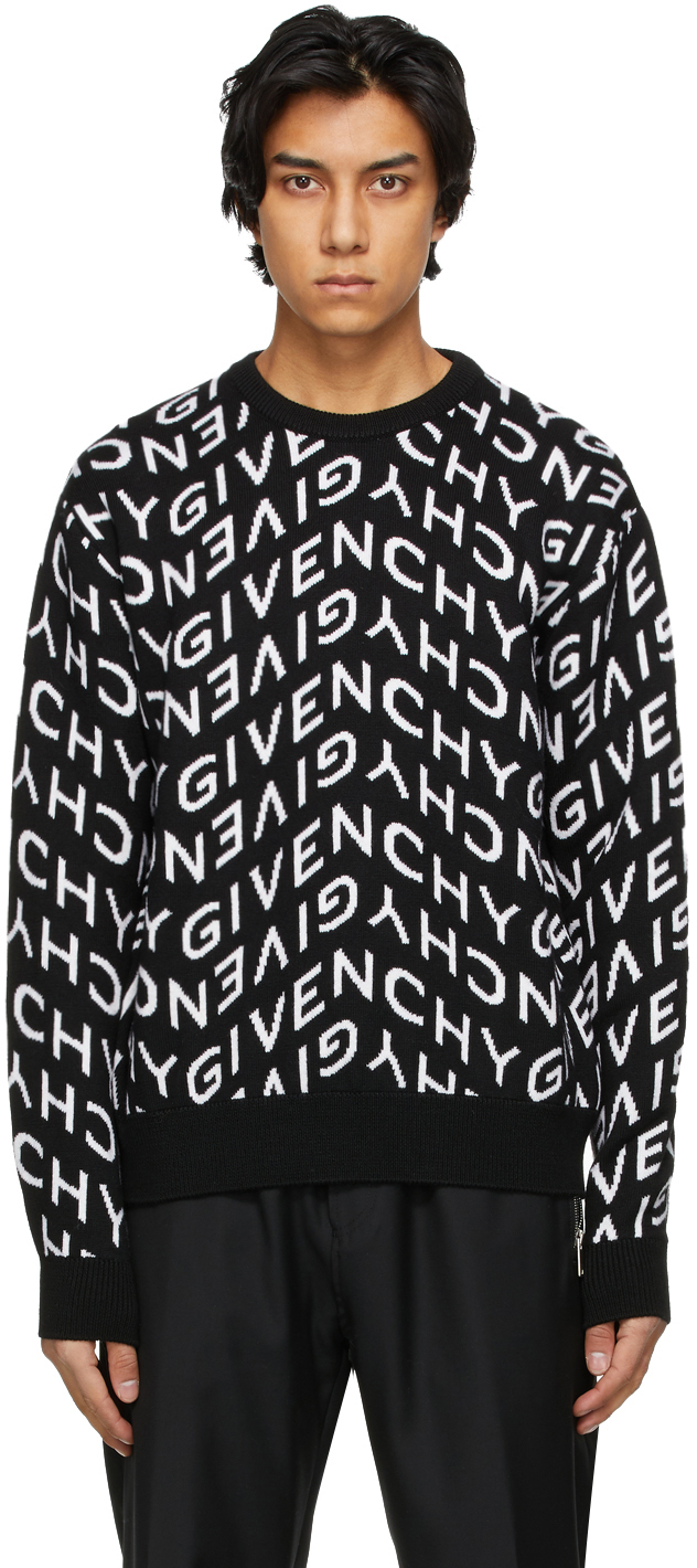Givenchy: Black & White Knit Allover Refracted Logo Sweater | SSENSE Canada