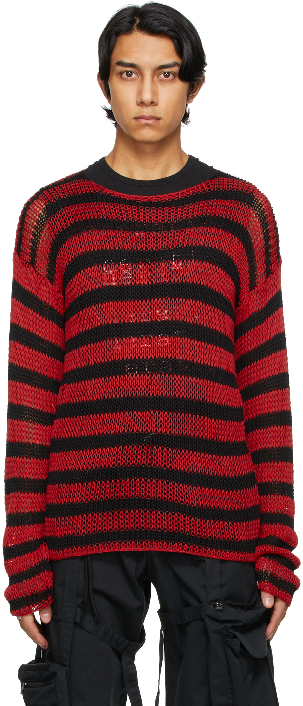 Raf Simons: Black & Red Striped Open Knit Sweater | SSENSE