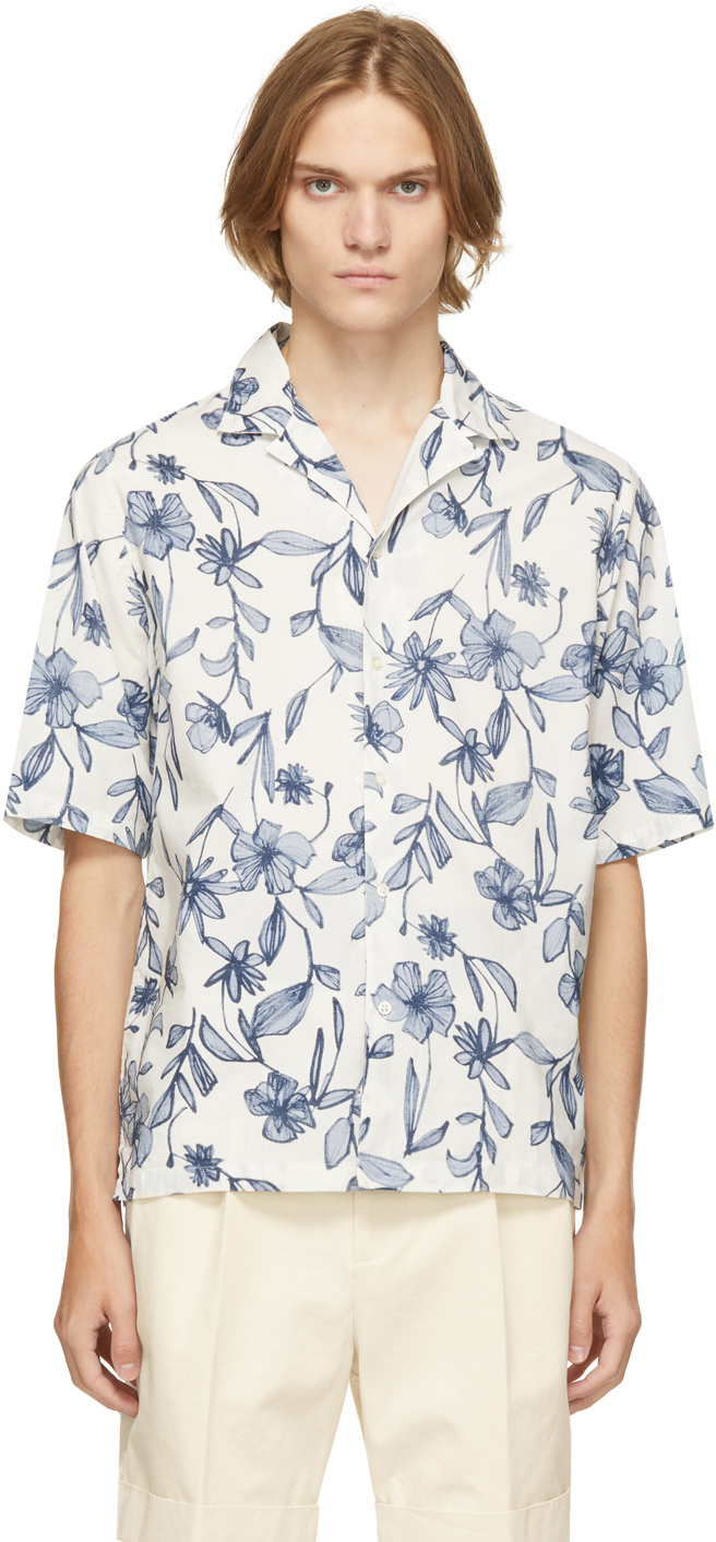 Officine Générale White & Blue Floral Short Sleeve Shirt