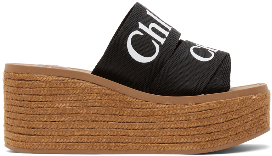 Chloé: ブラック Woody ウェッジ ヒール サンダル | SSENSE 日本