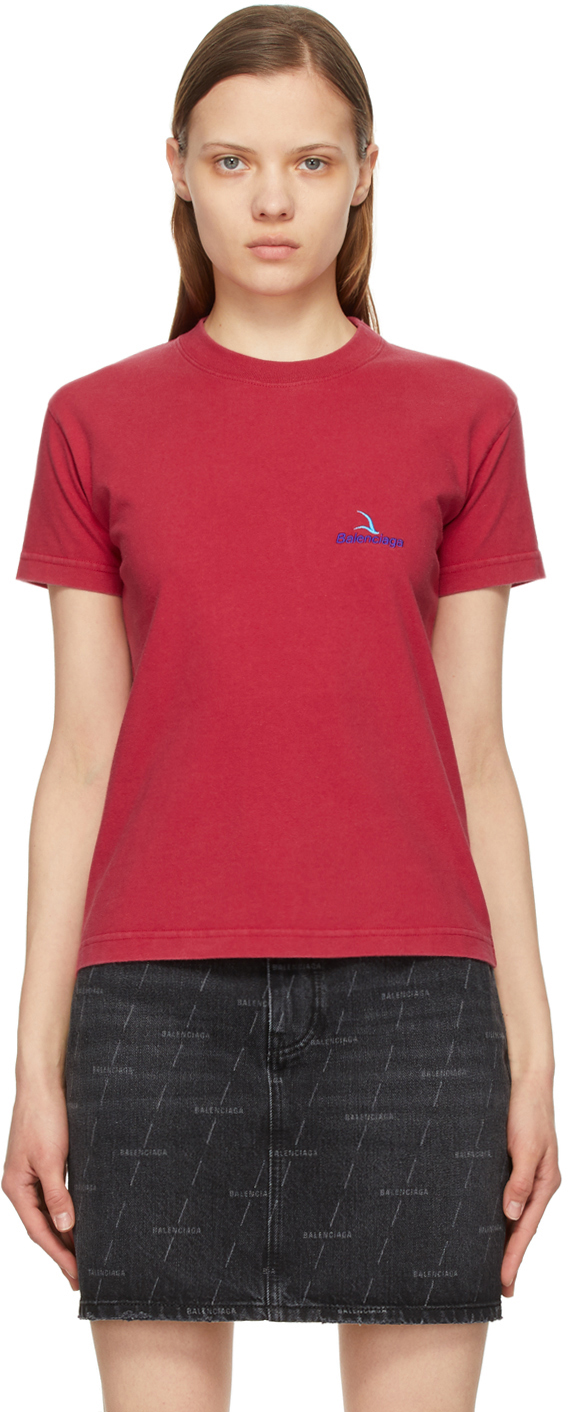 Balenciaga Red Embroidered Logo Small Fit T-Shirt