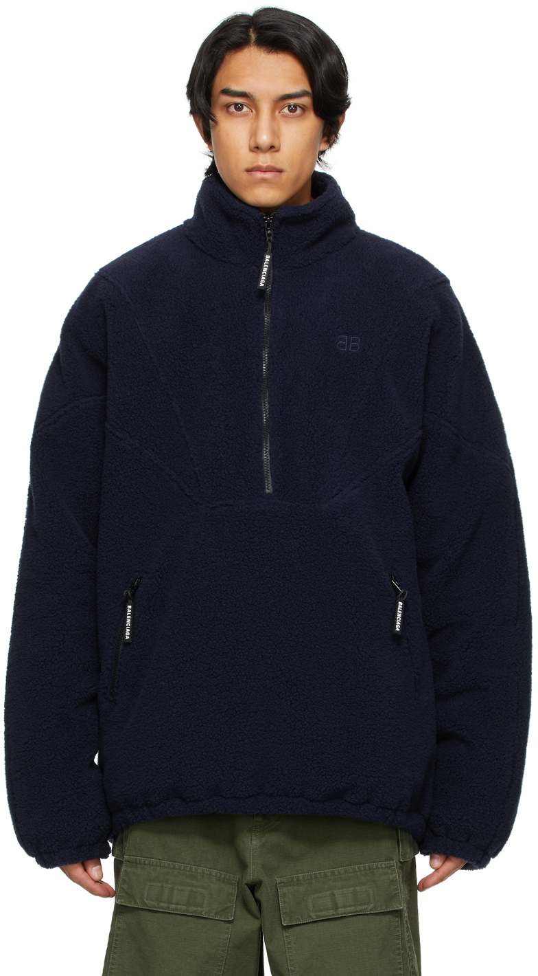 Balenciaga: Navy Sherpa Half-Zip Jacket | SSENSE