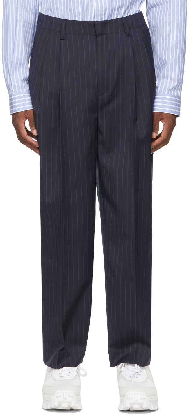 Juun.J Navy & White Wool Stripe Wide-Fit Trousers