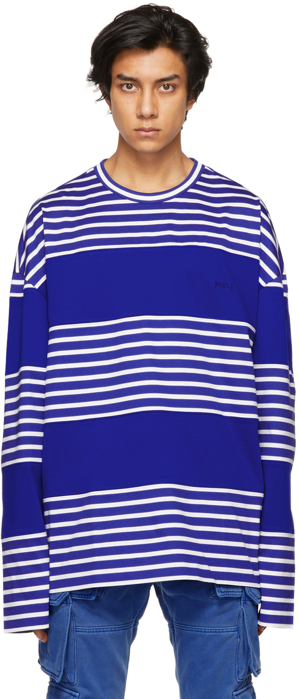 Juun.J: Blue & White Block Striped Long Sleeve T-Shirt | SSENSE
