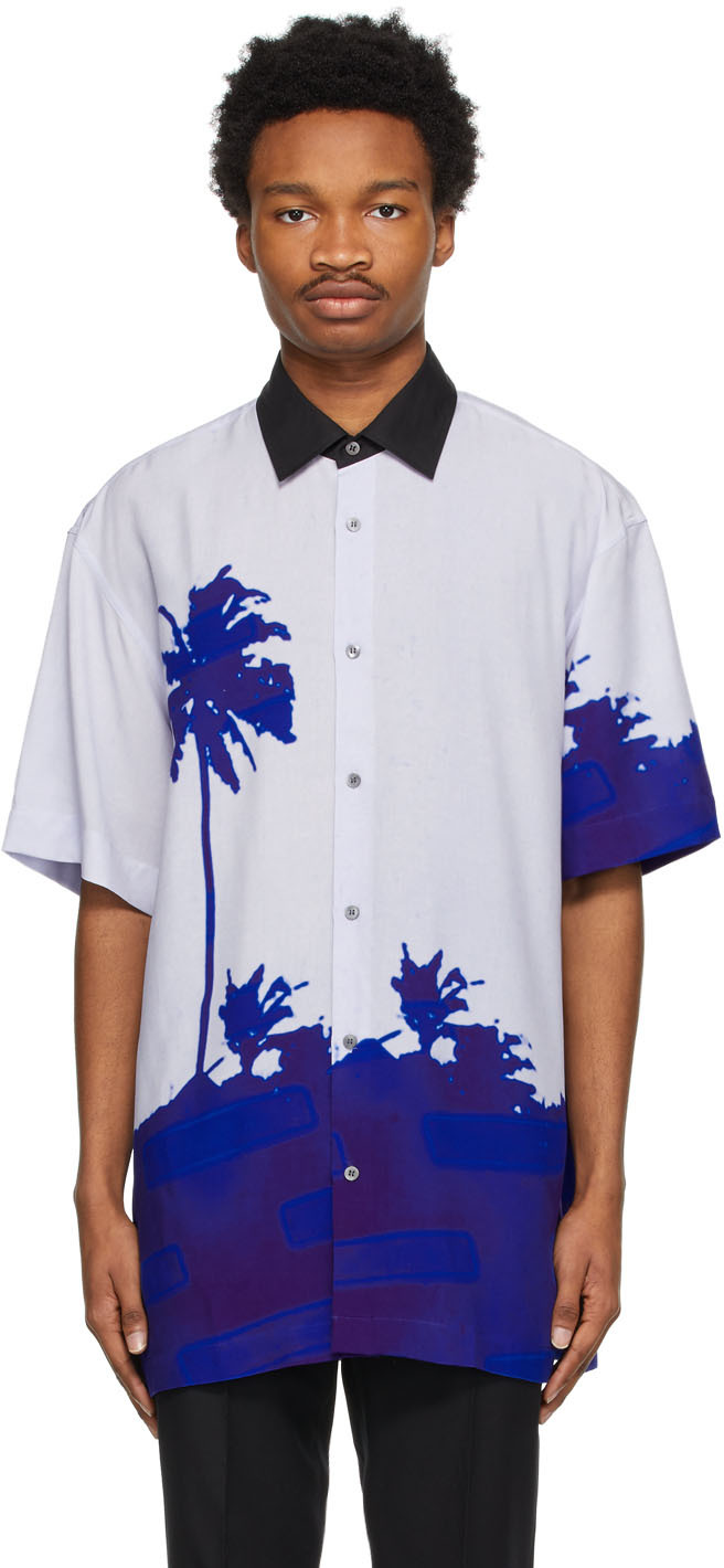 Dries Van Noten Blue Len Lye Edition Contrast Collar Graphic Short Sleeve Shirt