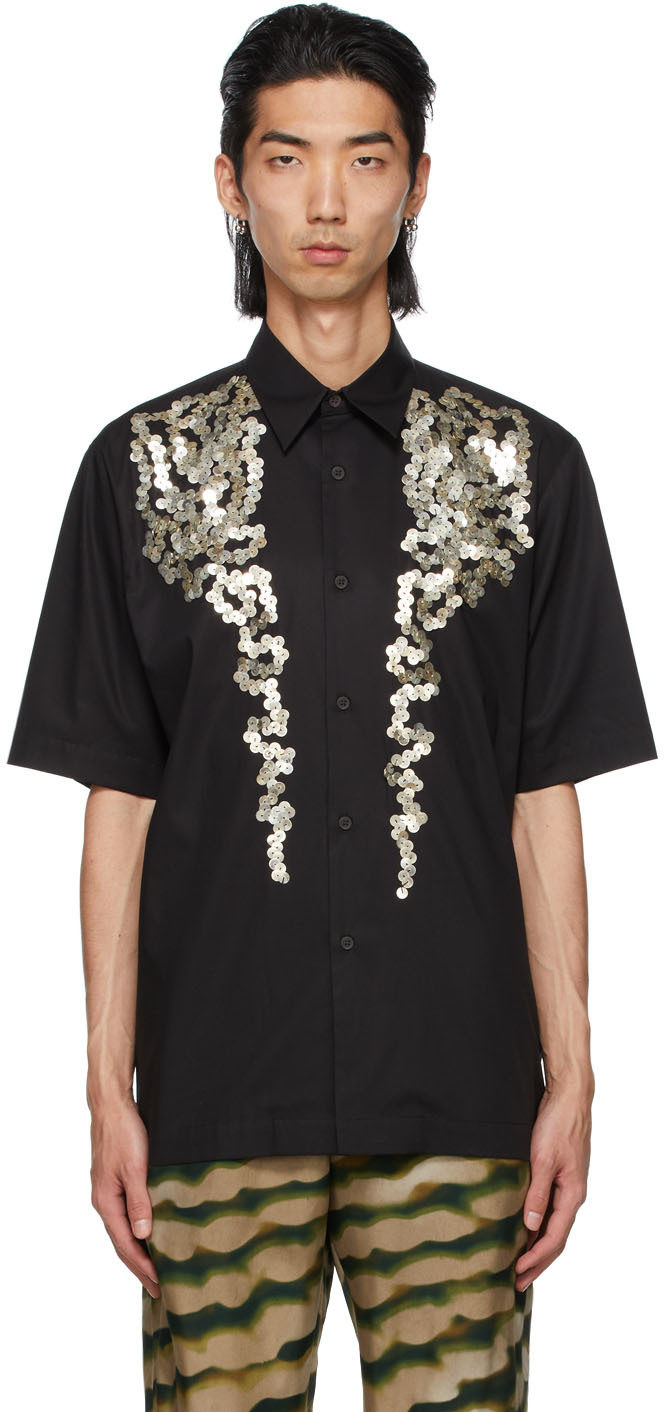 Dries Van Noten: Black Poplin Sequinned Short Sleeve Shirt | SSENSE Canada