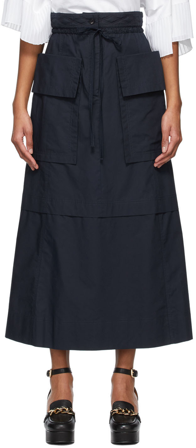See by Chloé Navy Poplin Layered & Pleated Skirt