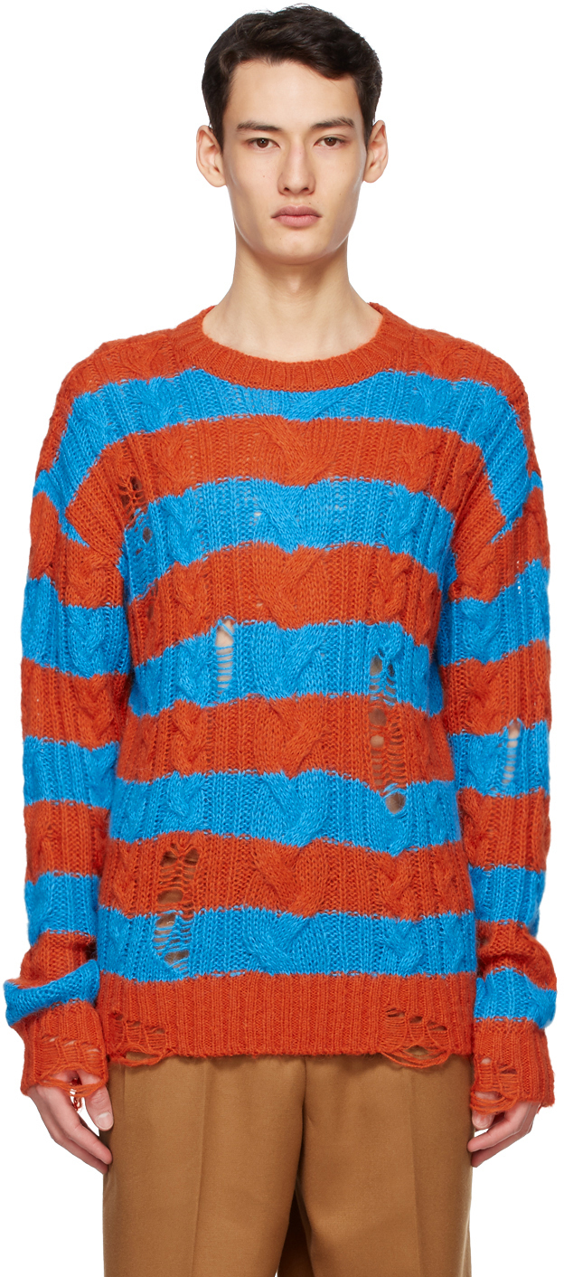 Andersson Bell: Blue & Orange Knit Destroyed Sweater | SSENSE