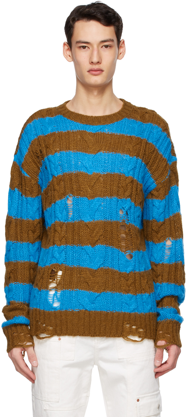 Andersson Bell: Blue & Brown Knit Destroyed Sweater | SSENSE