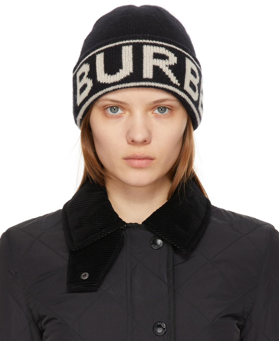 Burberry: Black Cashmere Intarsia Logo Beanie | SSENSE