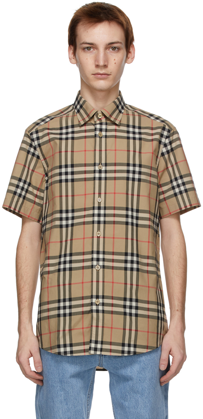 Burberry: Beige Check Poplin Short Sleeve Shirt | SSENSE