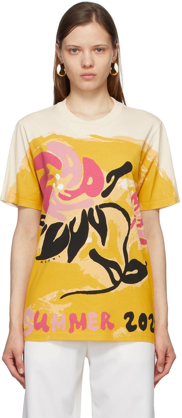 Marni: Beige & Yellow Printed Graphic T-Shirt | SSENSE