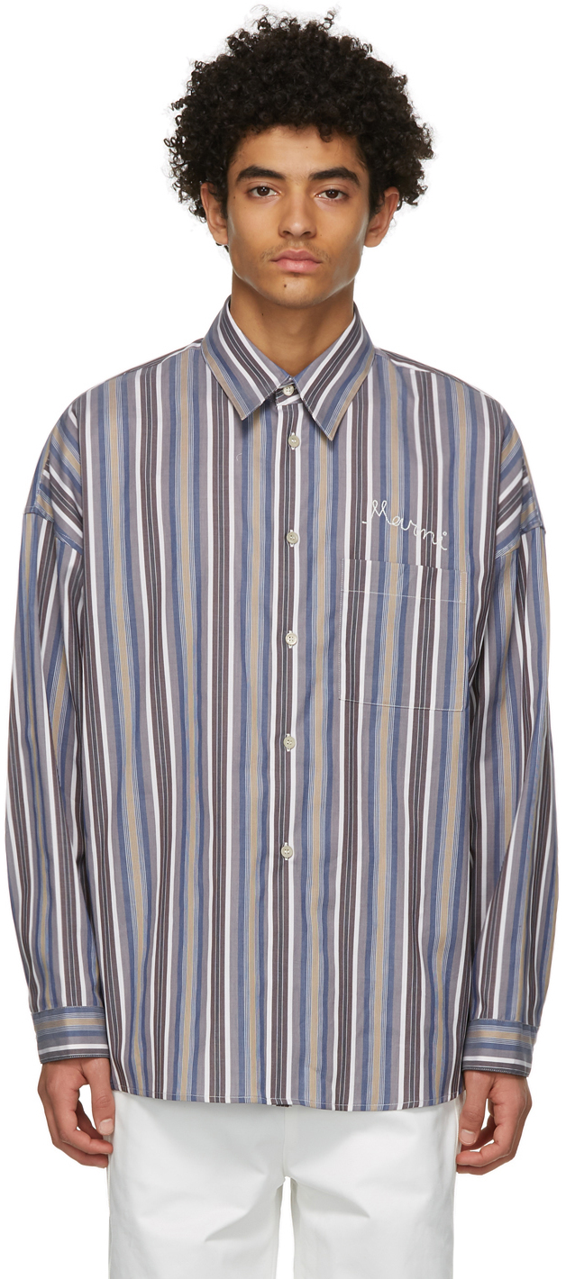Marni: Blue & Brown Striped Shirt | SSENSE