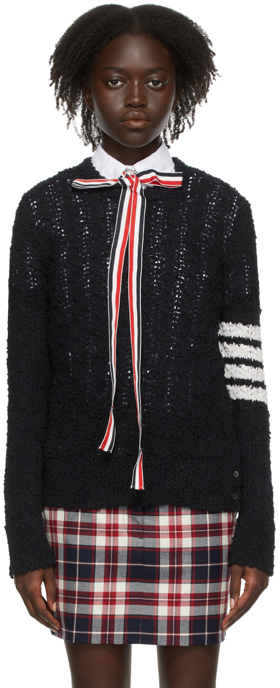 Thom Browne Navy Tuck Stitch 4-Bar Relaxed Fit Sweater