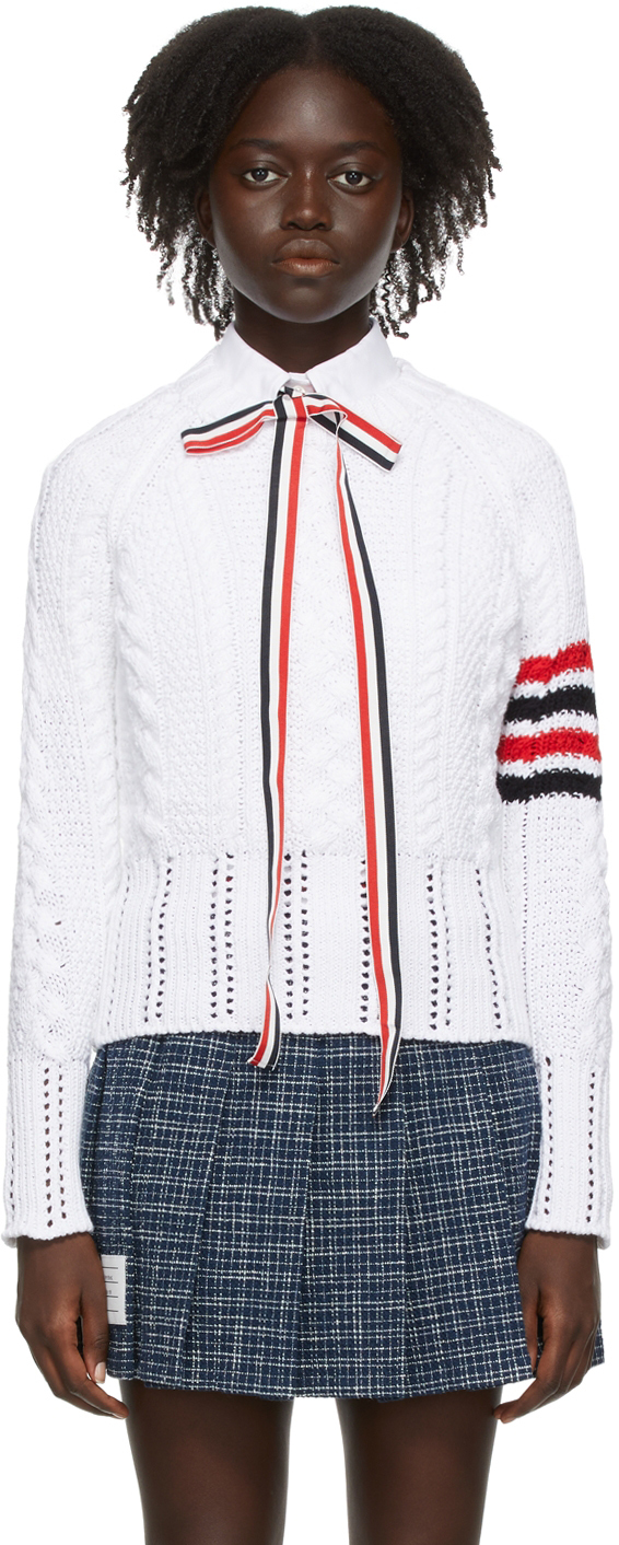 Thom Browne White Raglan Sleeve 4-Bar Sweater