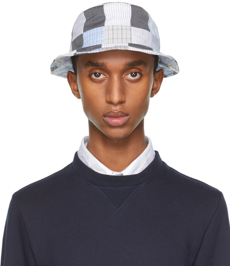 Thom Browne Grey & Blue Patchwork Bucket Hat | Smart Closet