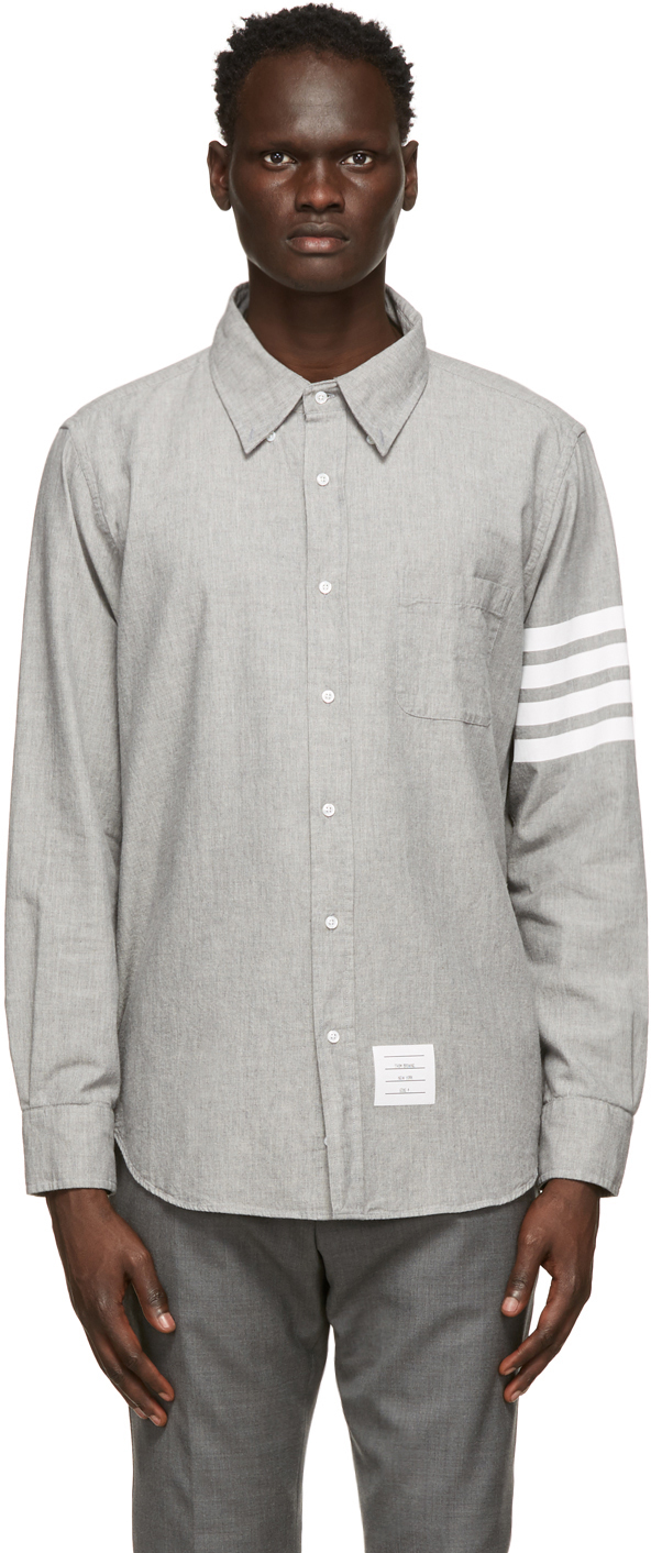 Thom Browne: Grey Chambray 4-Bar Straight Fit Shirt | SSENSE