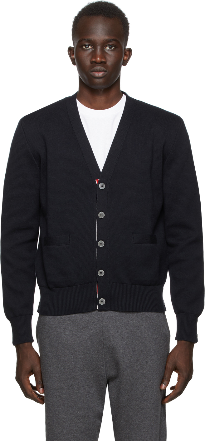 Thom Browne: Online Exclusive Navy Intarsia Cardigan | SSENSE