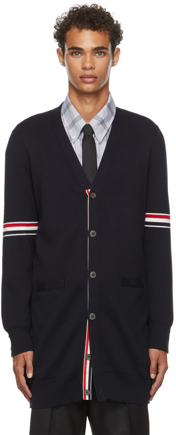 Thom Browne: Navy Milano Stitch Long Cardigan | SSENSE UK