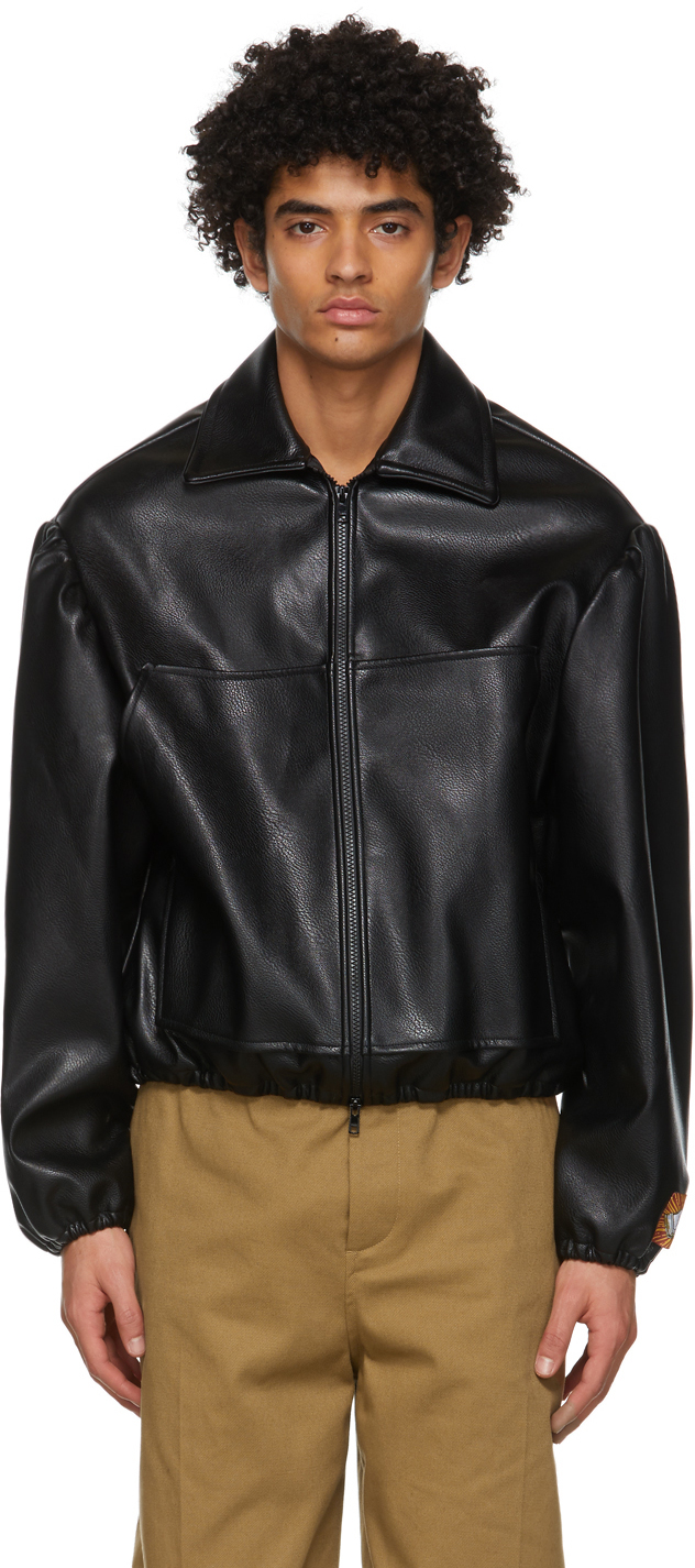 Boramy Viguier: Black Faux-Leather Victorian Bomber Jacket | SSENSE Canada