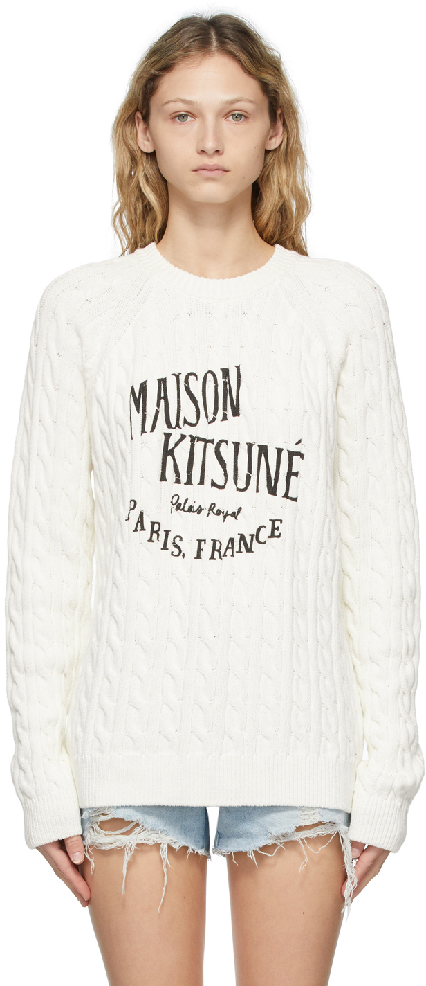 White Cable Knit Palais Royal Sweater by Maison Kitsuné on Sale