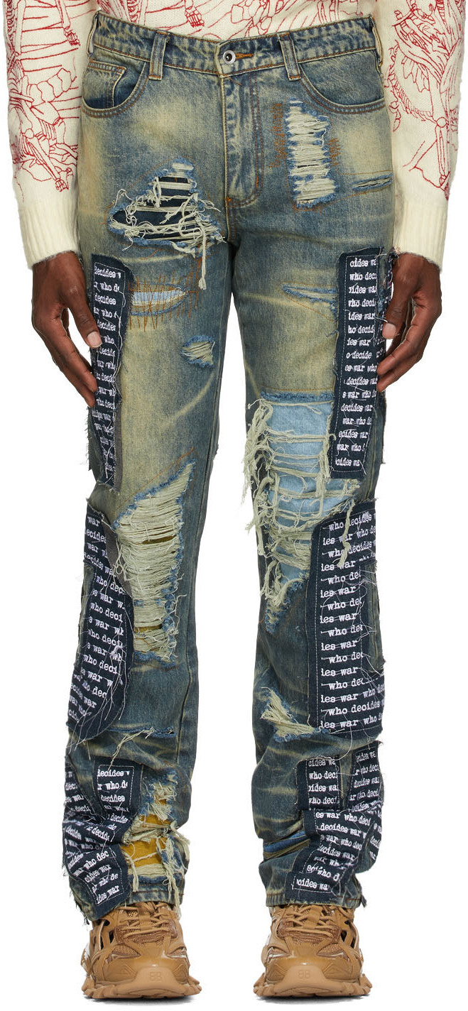 Who Decides War by MRDR BRVDO: Blue Cutout Jeans | SSENSE UK