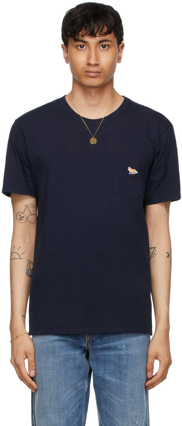 Maison Kitsuné: Navy Profile Fox Patch Pocket T-Shirt | SSENSE