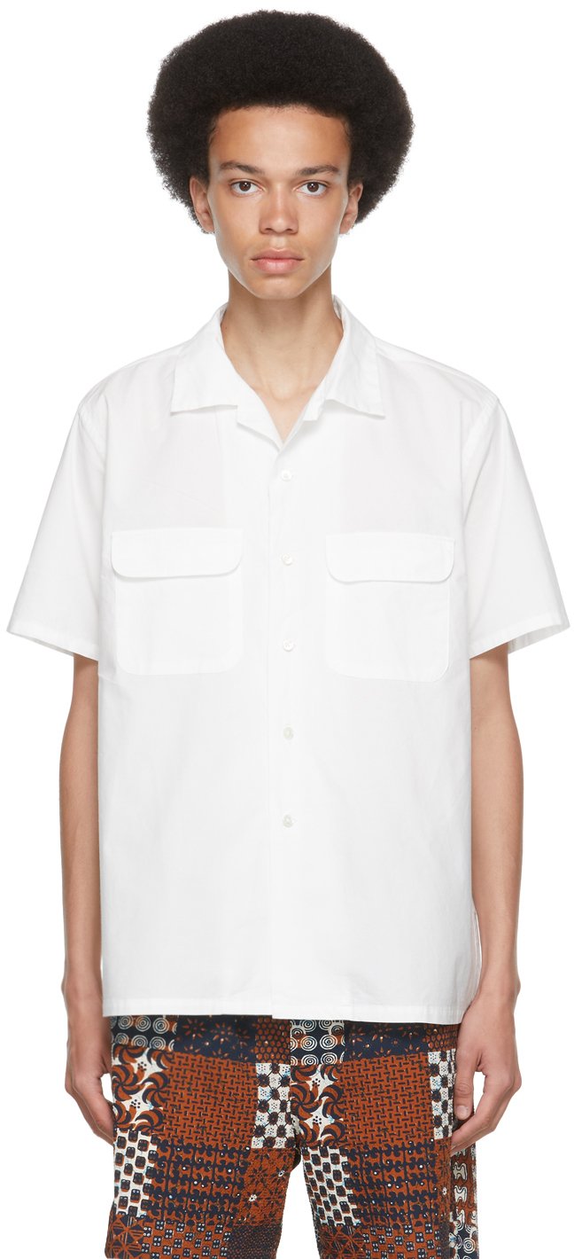 White Pima Cotton Open Collar Short Sleeve Shirt by BEAMS PLUS on Sale