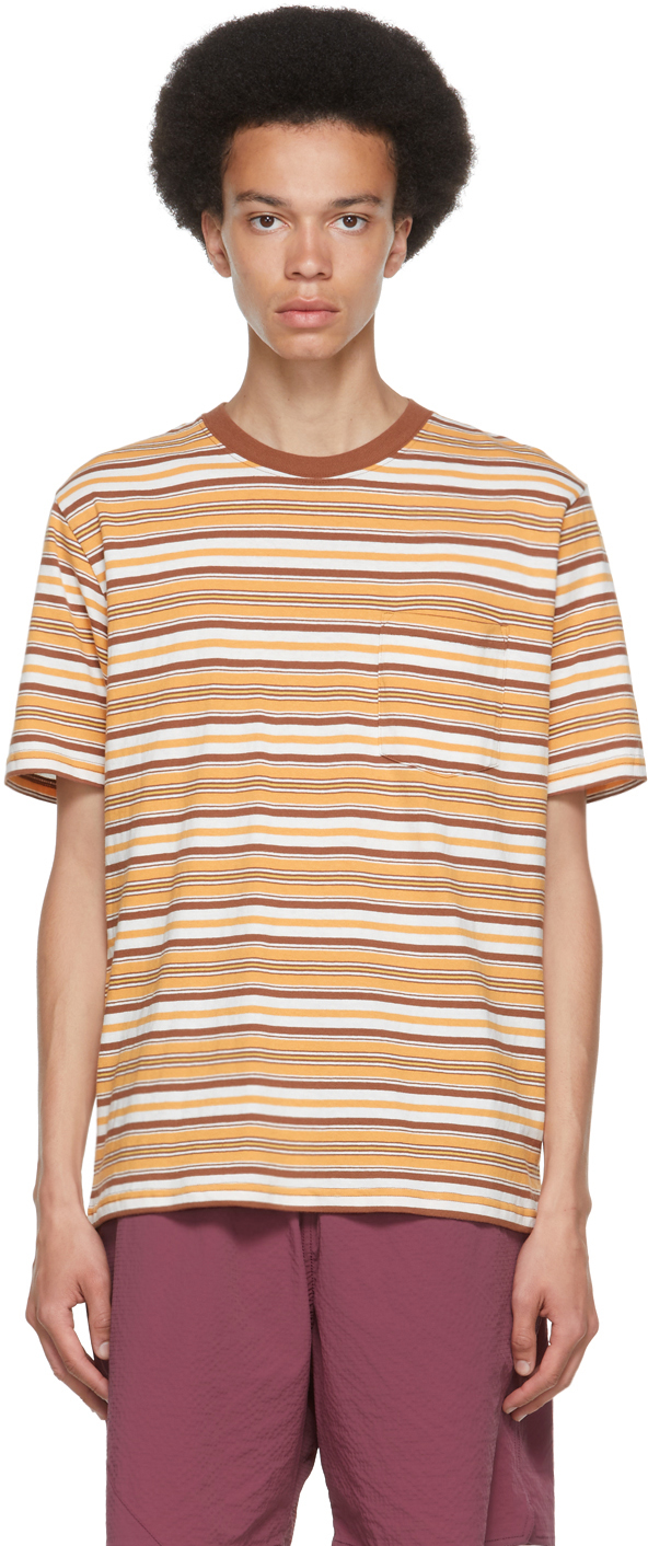 BEAMS PLUS White & Brown Striped Border T-Shirt