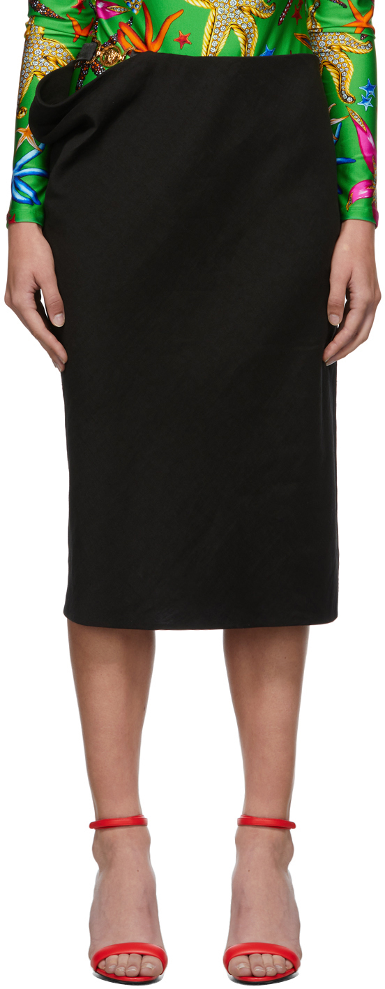 Versace Black Satin Medusa Midi Skirt