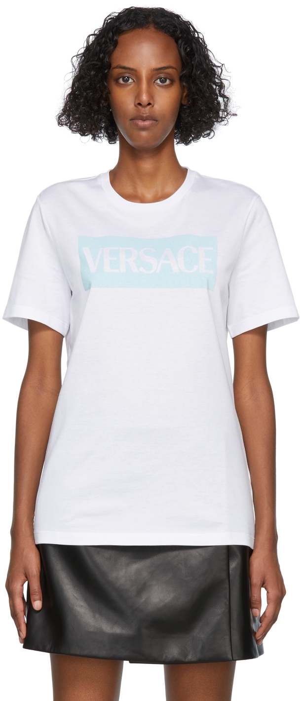 Versace White & Blue Flocked Logo T-Shirt