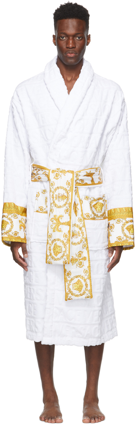 Versace: White I Heart Baroque Bath Robe | SSENSE