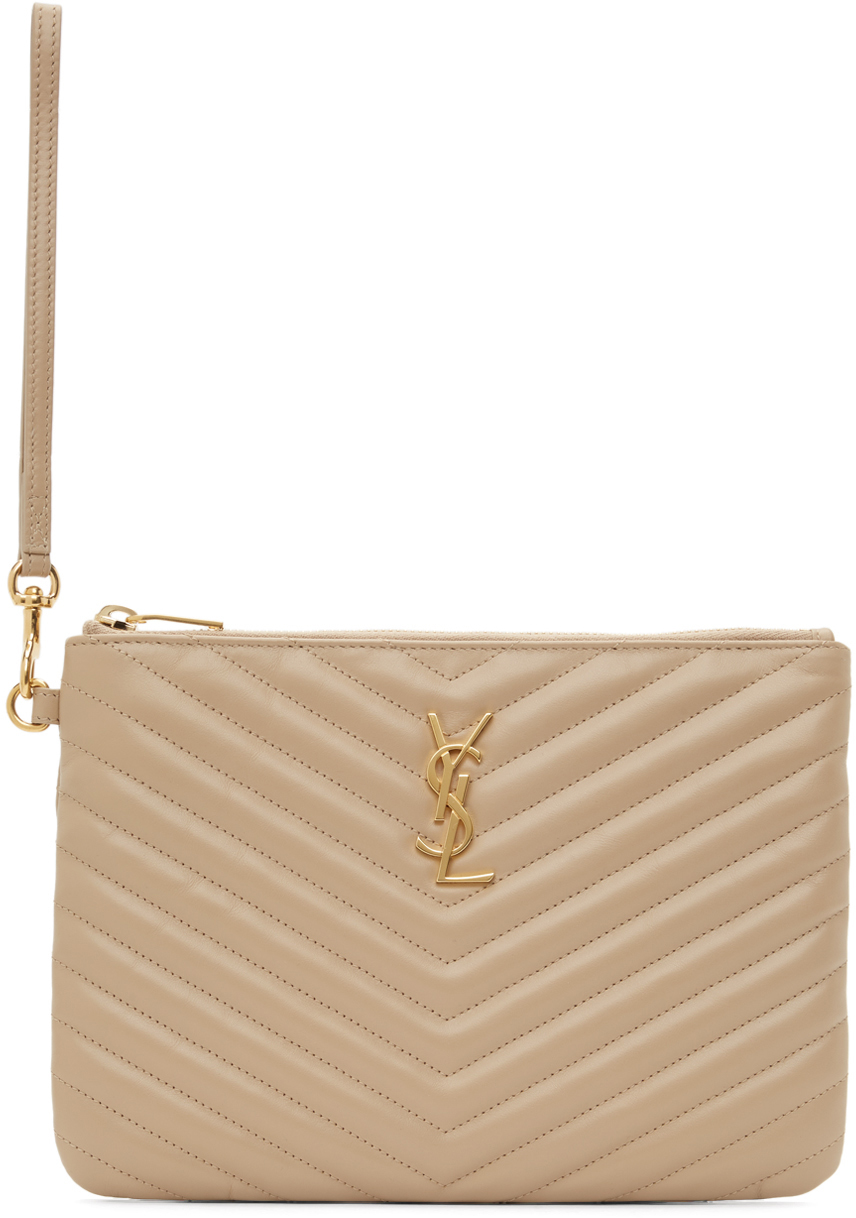 Saint Laurent: Beige Matelassé Monogramme A5 Pouch | SSENSE