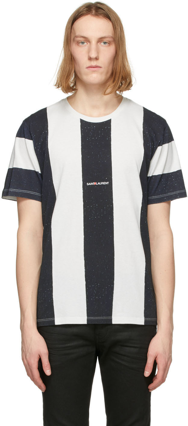 Saint Laurent White & Black Striped Rive Gauche Logo T-Shirt