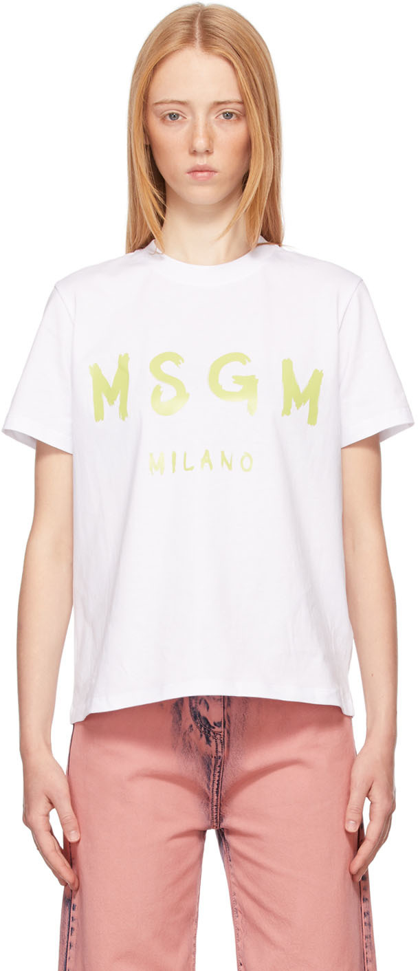 MSGM: White Paint Brushed Logo T-Shirt | SSENSE