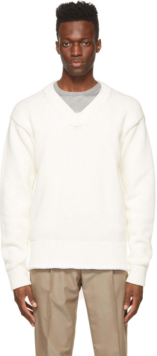Dunhill: Off-White Seam Detail V-Neck Sweater | SSENSE Canada