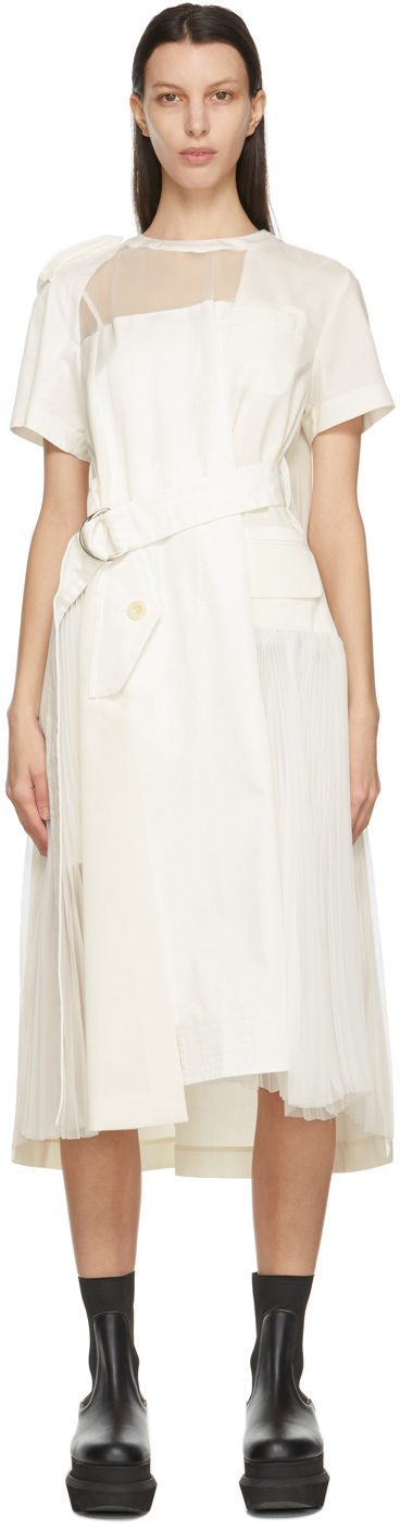 sacai: Off-White Sheer Neck Belted Dress | SSENSE