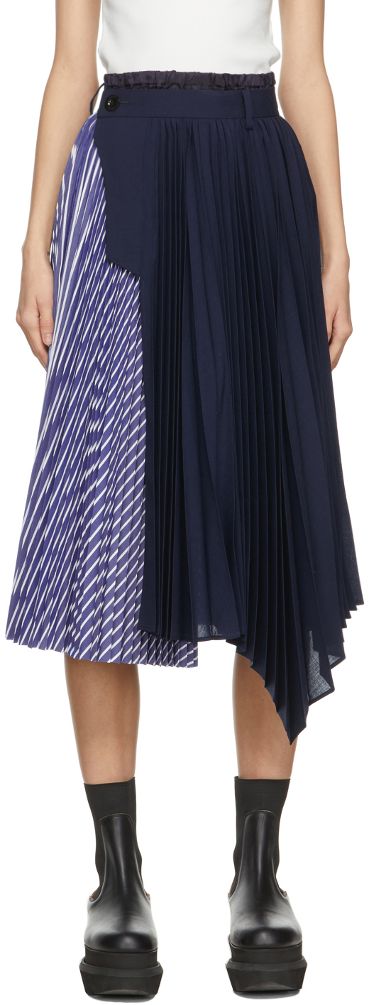 Sacai Navy & Blue Pleated Side Closure Skirt