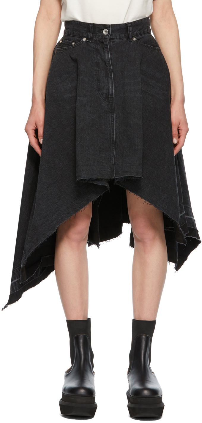 sacai: Black Denim Draped Asymmetric Skirt | SSENSE Canada