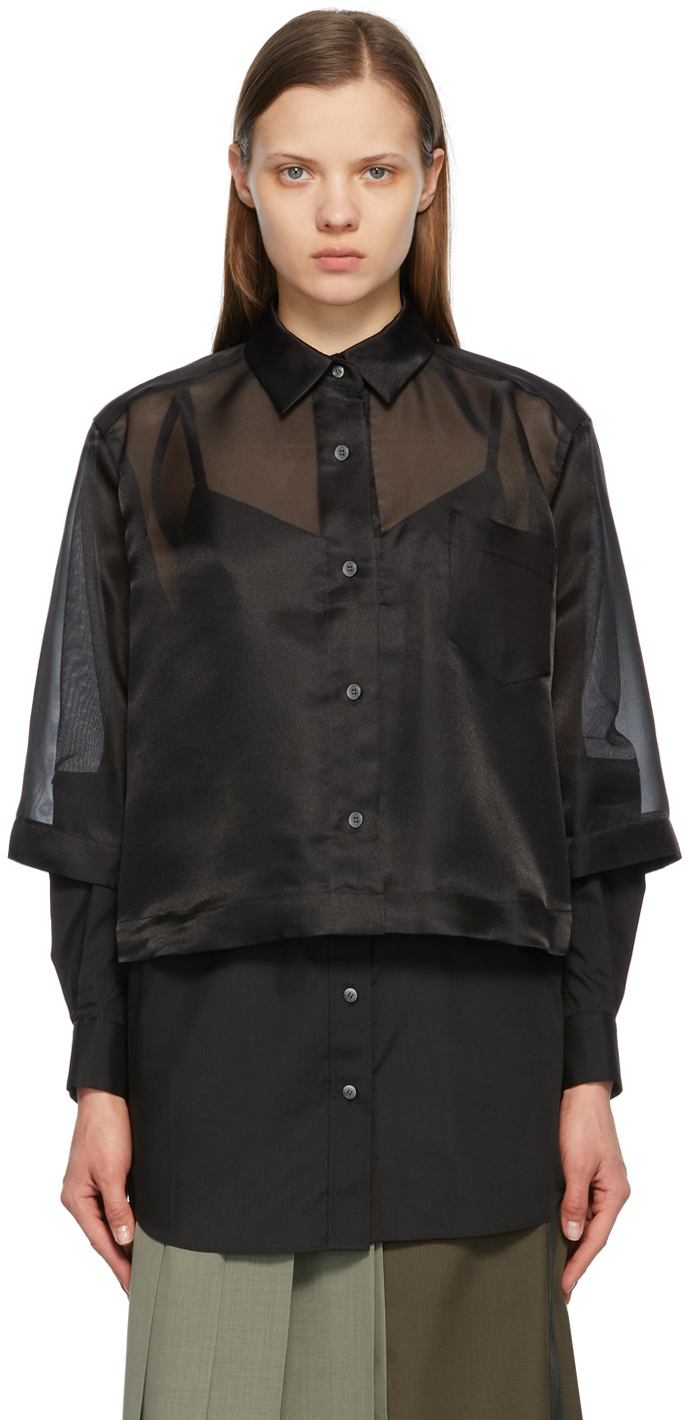 Black Organza & Poplin Shirt by sacai on Sale