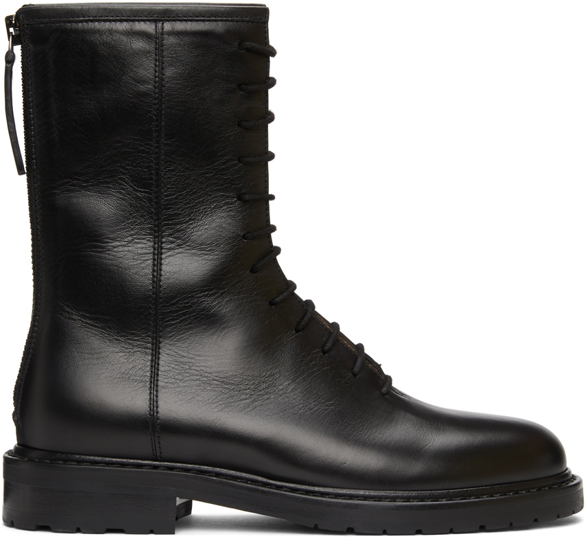 Black Leather Combat Boots by Legres on Sale