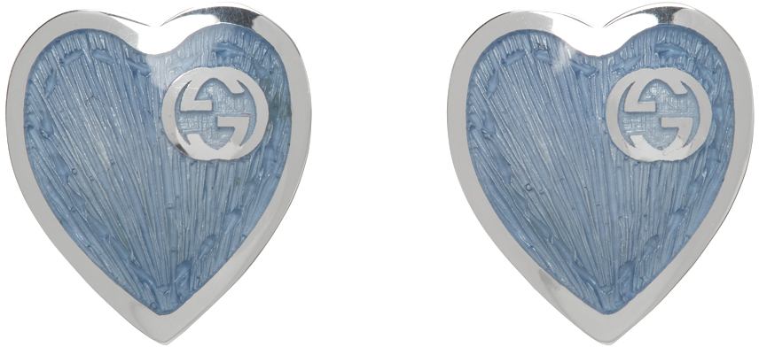 Gucci Silver & Blue Enamel Interlocking G Heart Earrings In Silver/blue