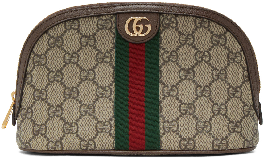 Gucci Brown Beige Ophidia Supreme Cosmetic Pouch Ssense