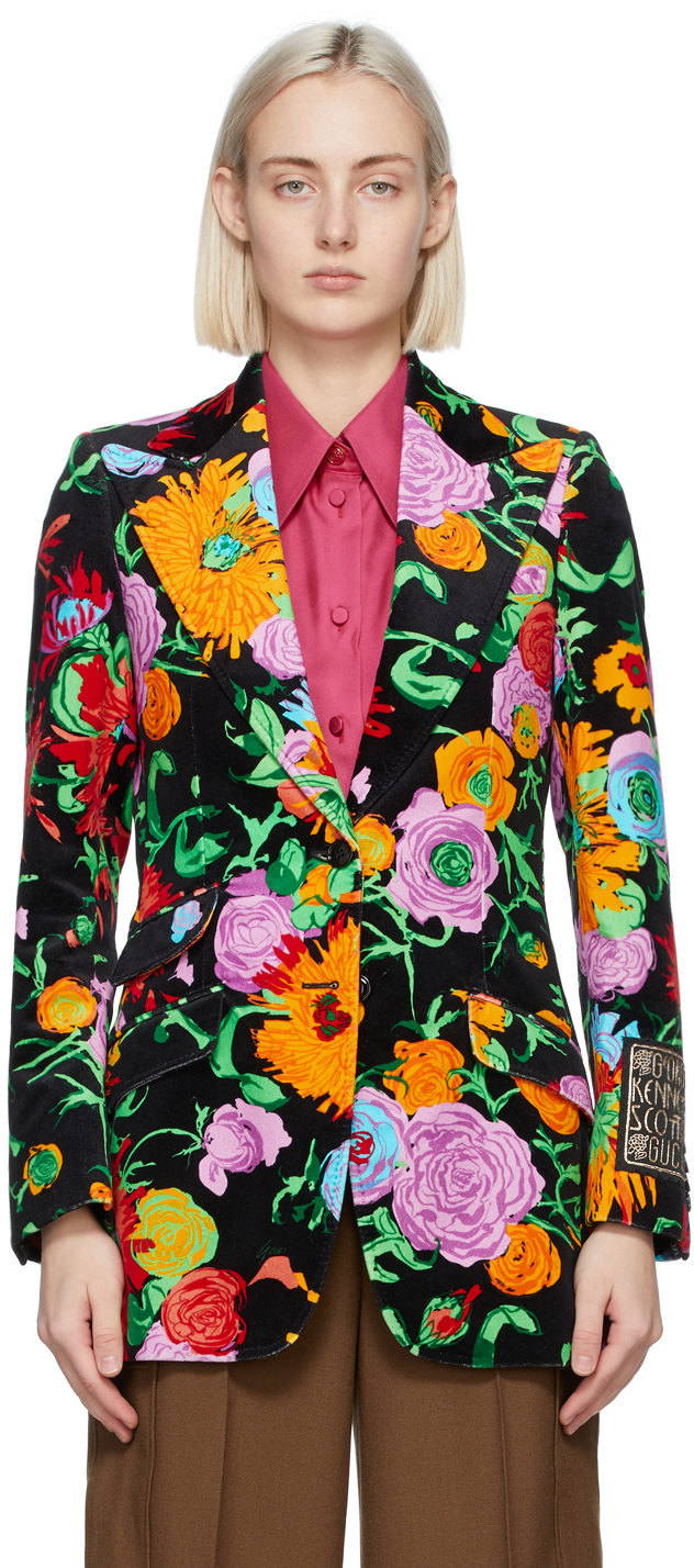 Gucci Black Ken Scott Edition Velvet Floral Jenni Blazer 211451F057009