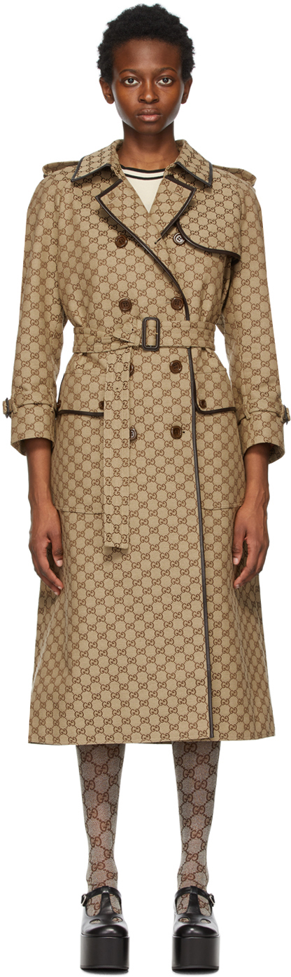 Gucci Beige Brown GG Supreme Trench Coat 211451F067000