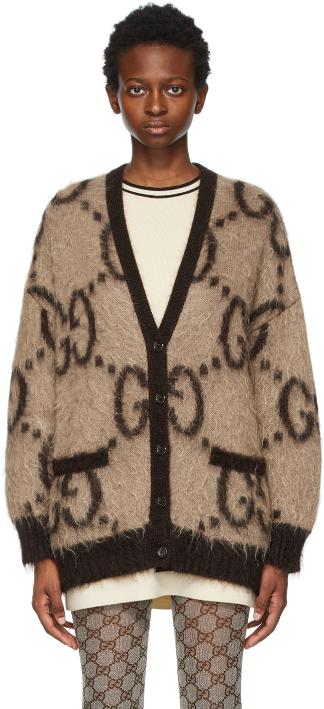 Gucci: Reversible Beige & Brown Mohair Oversized GG Cardigan | SSENSE